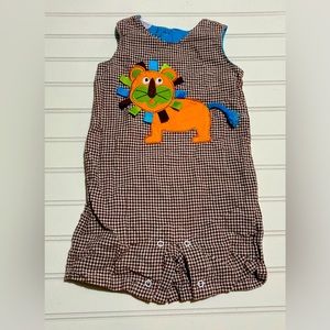 12 Months One Piece Outfit Brown and White‎ Gingham Plaid Lion Romper